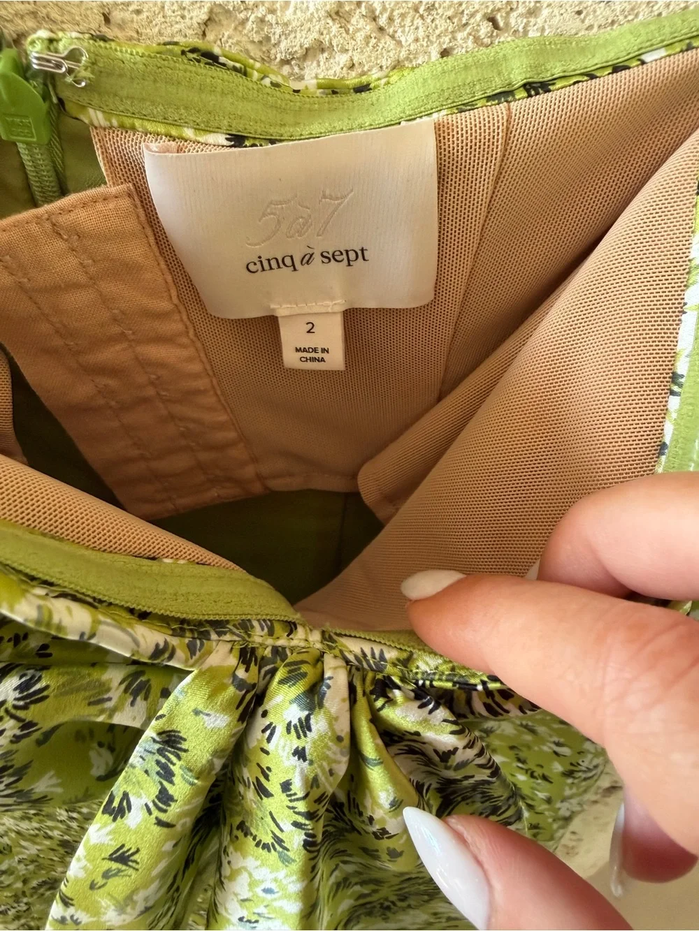 Cinq a Cept Green Silk Floral Dress with Spaghetti Straps